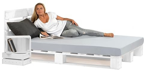 Lermowood Palettenbett M1 aus Holz 240 x 200 cm Weiß mit Kopfteil Holzbett 20cm Stabiles Seniorenbett Kinderbett Jugendbett Gästebett erhöhtes Einzelbett Bettgestell Futonbett Komforthöhe Naturholz