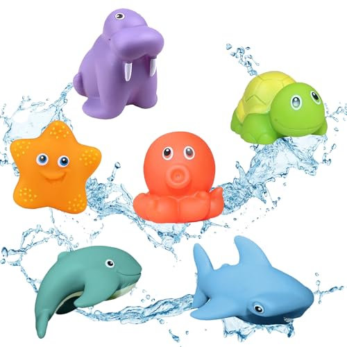YALiya Jouets de Bain pour Bébé, 6 Pièces Animaux Arroseurs Rigolos, Jeu d'eau Jouet de Piscine, Jouet Éveil pour Bébé, Jouets de Douche pour Garcon Fille, Jouets Squirt pour Bebe Enfant 1 2 3 Ans