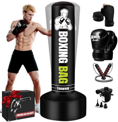 Freistehender Boxsack für Erwachsene und Jugendliche, 178 cm, schwerer Boxsack mit Ständer mit Handschuhen, Pumpe und Springseil, stehender Kickboxsack für MMA-Training, Muay Thai-Fitness, Karate