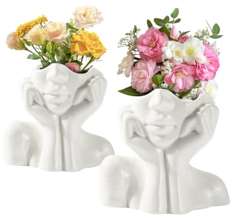 Körper Kunst Gesicht Blumentopf (2er-Pack) – Deko Vasen Set aus Keramik für Pampasgras Groß & Blumenvase Klein – Body Vase & Tischdeko – Einzigartiges Vasen Set Weiß mit Kopf-Gesicht Design