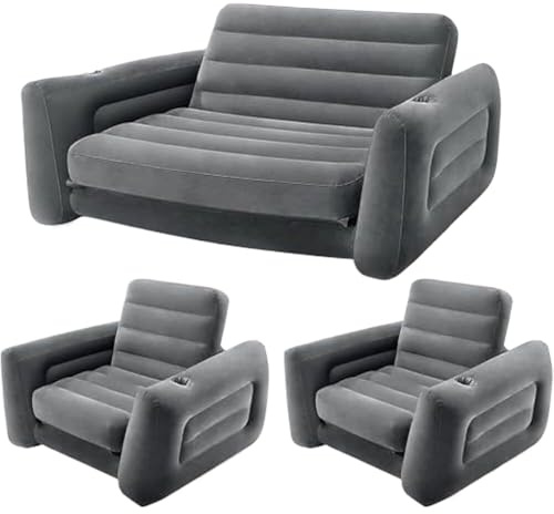 Inflatable Furniture Set with Queen Sized Pull-Out Sofa Bed, Gray - Air Mattress, Lounge Chairs, Guest Beds, Living Room Sofa