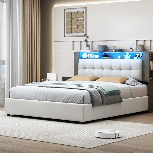 SHAODENG Doppelbett 160x200 mit LED Beleuchtung, Hydraulisch Stauraumbett mit Bettkasten, Jugendbett Funktionsbett Bettgestell Rückenlehne, Beige Samt Gepolstertes Bett, ohne Matratze