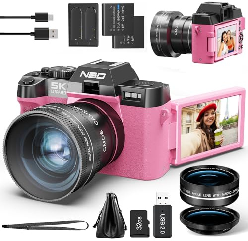 NBD 5K 64MP Digital Camera, Wi-Fi & App Control, 16X Zoom, Autofocus, Anti-Shake, 180° Flip Screen, Macro & Wide-Angle Lenses, Includes 64GB TF Card & 2 Batteries(Pink)