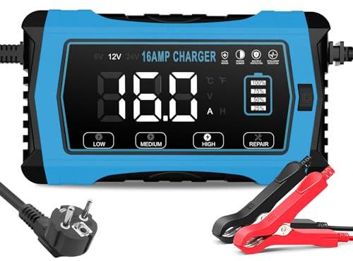 Haisito Cargador de batería de coche de 16 A, 6 V/12 V/24 V, cargador inteligente de mantenimiento y desulfatador para coche, barco, caravana, compatible con litio/LiFePO4/AGM/Gel/y Deep/Cycle/plomo
