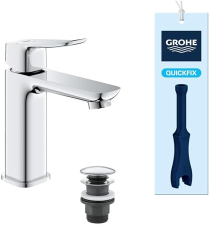 GROHE Dice, energiesparende Waschtischarmatur, Kaltwasser in Mittelstellung (3,5l/min, Wasserhahn für das Bad, 17cm hoch, Push-Open Ablauf, inkl. 3in1 Tool, einfache Installation), chrom, 1018350000