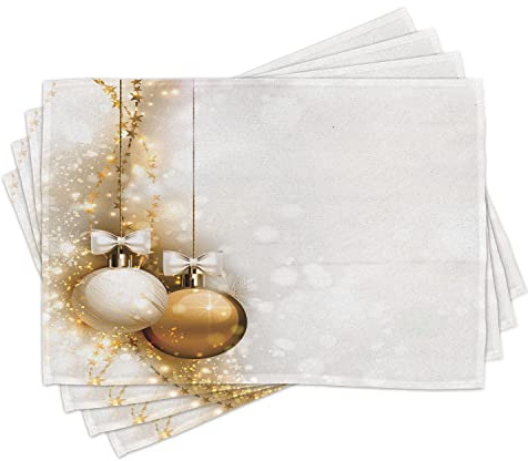 ABAKUHAUS Weihnachten Platzmatten, Religiöse Rituale Empfohlene Weihnachtskugeln mit Ribbon Holiday Wunsch Kunstwerk Bild, Tiscjdeco aus Farbfesten Stoff für das Esszimmer und Küch, Weiß Beige