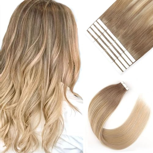 Sixstarhair Tape Extension Echthaar Remy Hair Extensions 50cm Tape In Extensions Echthaar Blond FüR Frauen 20pcs 50g Balayage Aschbraun Verblasst Zu Aschblond #8/18/60