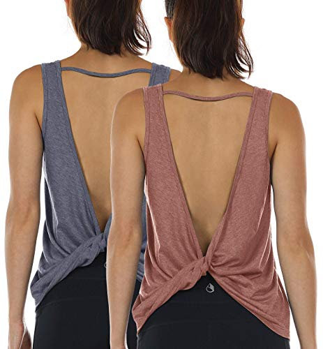 icyzone Damen Sport Tank Top Rückenfrei, Fitness Yoga Shirt Ärmellose Gym Sport Oberteil, 2er Pack (M, Country Blue*/Dusty Pink*)