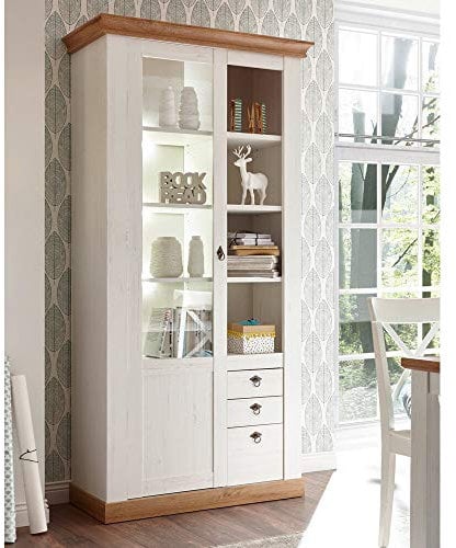 Lomadox Vitrinenschrank im Landhaus Design in Pinie weiß und Wotan Eiche Nb., B/H/T ca.: 102/204/44 cm