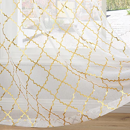 Kotile White Voile Curtains 90 Drop - Print Metallic Gold Moroccan Tile White Voile Net Curtains for Bedroom, Light Filtering Privacy Eyelet Voile Curtains, 46 x 90 Inch Drop, White Gold, 2 PCs