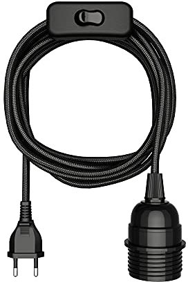ledscom.de Textilkabel LEKA, Stecker, Schalter, schwarz, 3 m, Lampen-Fassung, 1x E27 max. 60W