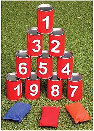 B4E Hit The Can Garden Tin Can Alley Game | Tin Can Alley Indoor and Outdoor Family Kids Summer Fun Game | Tin Can Alley Game with 10 Numbered Tins and 3 Bean Bags | Fun Game for 3 Year Olds + Kids