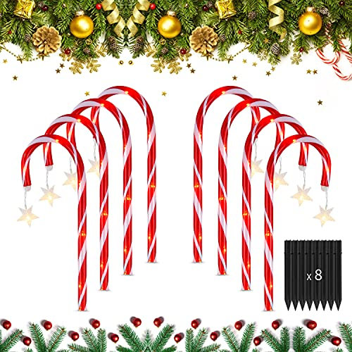 Surakey Festive LED Solar Lichterkette - 8 Stück Weihnachten Stern Beleuchtete Zuckerstangen Lichter Weihnachtsweg Marker, für Garten Dekoration, Gartenstecker Balkon Weihnachtsbeleuchtung Deko Außen