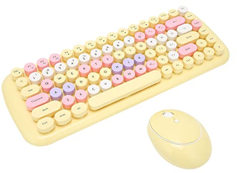 Kabellose Tastatur und Maus-Kombination, Bunte Schreibmaschinentastatur mit Runder Taste, 2,4 G USB Leichte, Leise Kawaii-Tastatur, Kompatibel mit Laptop /(bonbon-zitronengelb gemischte Farbe)