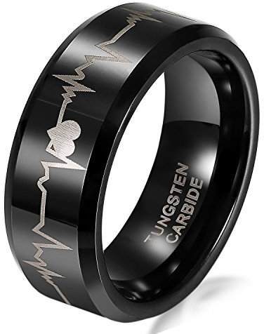 JewelryWe Schmuck 8mm Schwarz Wolframcarbid Herren-Ring mit Gravur Forever Love & Herzschlag Partnerringe Verlobung Hochzeit Band Größe 53