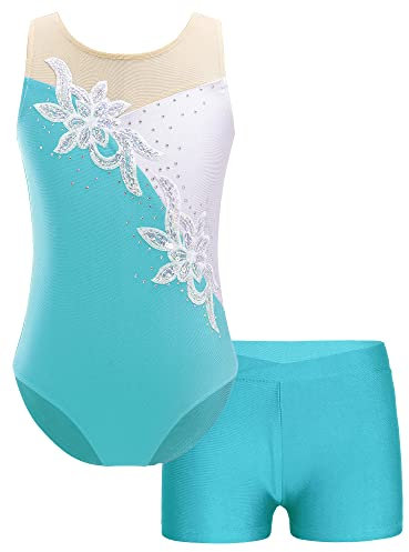Freebily Kinder Mädchen Gymnastikanzug Ballettanzug Turntrikot Gymnastik Shorts Outfit Wettkampf Athletic Tanzanzug Training Sportanzug Lyrische Tanzkostüme A_Türkis 146-152/11-12 Jahre