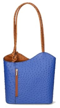 Gave Lux Damen Umhängetasche aus Echtem Leder mit Straußenprägung, Wandelbar in Rucksack, Handgefertigt in Italien, Bluette/Cuoio, 28x25x9 cm