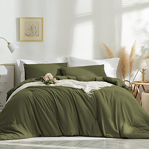 Michorinee Housse de Couette 220x240 Vert Olive Parure de Lit 2 Personnes en Microfibre avec Fermeture Éclair, Parure Housse Couette Adulte Couleur Unie avec 2 Taie d'oreiller 65x65 cm