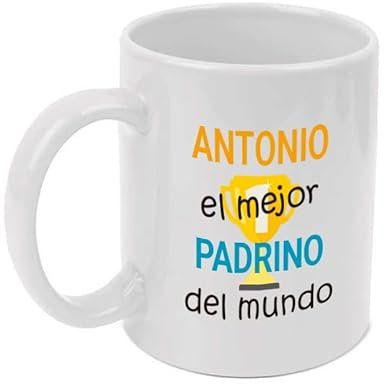 Deliex delicias de Extremadura. Taza personalizable con nombre. El mejor padrino del mundo. Capacidad de 350 ml. Padrinos de bautizos, comuniones, bodas etc. (trofeo)