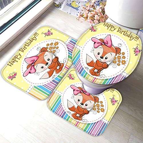 Badematte Set 3 Teilig 40x60 Cartoon-Fuchs Badematten 3D rutschfest Waschbar Badvorleger WC Vorleger Deckelbezug U-Förmige Badteppich Badezimmer Tiere Kawaii Badezimmerdekoratio