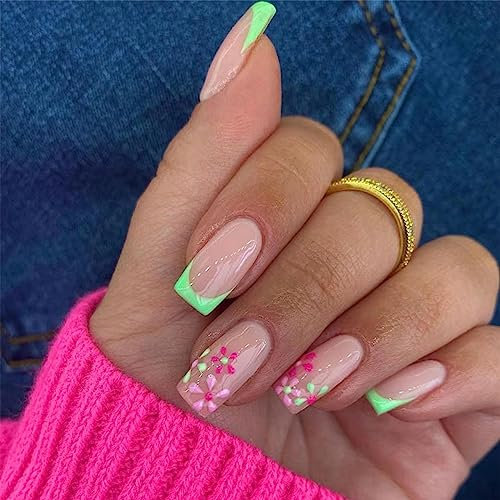 TMUT 24pcs Square False Nails French Tip Stick on Nails Green Edge Press on Nails with Pink Flowers Removable Glue-on Nails Full Cover Fake Nails Women Girls Nail Art Accessories