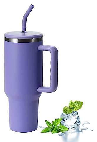 YsinoBear Tumblers Cup w/ Straw, Lid & Handle,40oz/1200ml Stainless Steel Coffee Travel Insulated Cup Mug,Leak Proof Vacuum Insulated Water Bottle Hot Iced Drink High Capacity Travel Mug, Purple/B