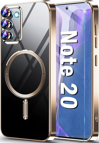 Neivi Handyhülle für Samsung Galaxy Note 20 Hülle für Mag-Safe mit Kameraschutz mit Schutzfolie, Transparent Vergilbungsfrei Unzerstörbarer Militärschutz Stoßfeste Schutzhülle Note 20 5G (-Gold)