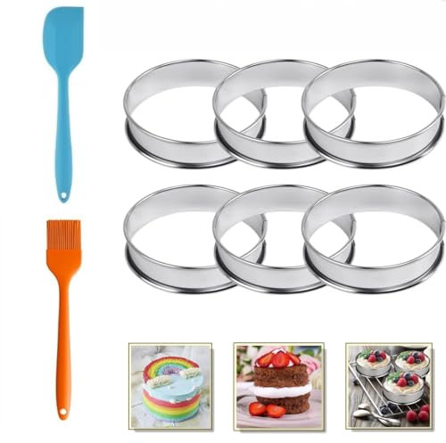 JSQJ 6 anillos para hornear magdalenas, redondos, acero inoxidable 304, anillos de postre, para hornear, cocina, mousse, magdalenas, con pincel de aceite y espátulas (10 cm)