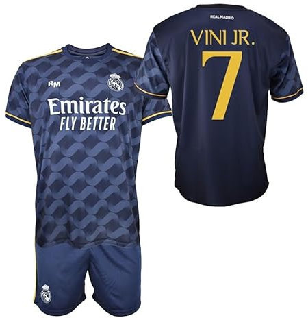 Real Madrid Conjunto Niño Camiseta y Pantalón - Vini JR 7 - Segunda Equipación de la Temporada 2023-2024 - Replica Oficial con Licencia Oficial - Niño (4 Años)