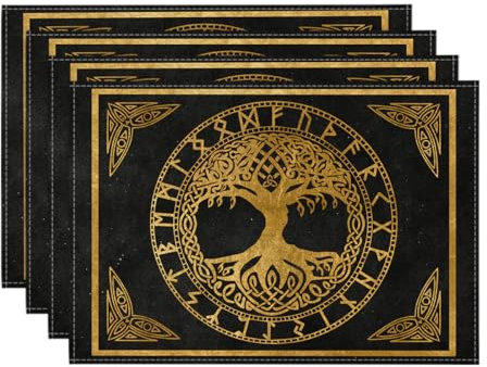 Artoid Mode Gold Wikinger Futhark Runen Odin Baum des Lebens Platzsets 4er Set, 30x45cm Urlaub Tischsets Waschbar Platzdeckchen Küche Party Deko