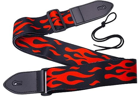UESDU Gitarrengurt Akustische Rote Flamme E-Bass Gitarre Schultergurte Schulterriemen 5cm Breit Personalisierte Druck Schultergurt mit Leder Ende, rot, One size