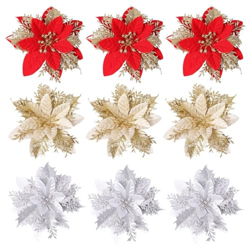 ENLACE Weihnachtsblumen, 9 Stück Weihnachten Glitter Künstliche Weihnachtsstern Blumen, Weihnachtsbaumschmuck, Künstliche Weihnachten Blumen für Weihnachts, Hochzeits, Neujahr, Gold+Rot+Silber