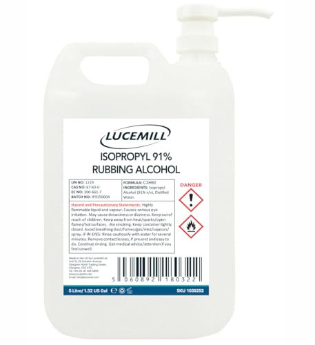 Lucemill 91% Rubbing alcohol | 5 Litre | Super Strength IPA Surface Sanitiser | 91% Isopropyl Alcohol | Clear Liquid | Comes with Pump Dispenser
