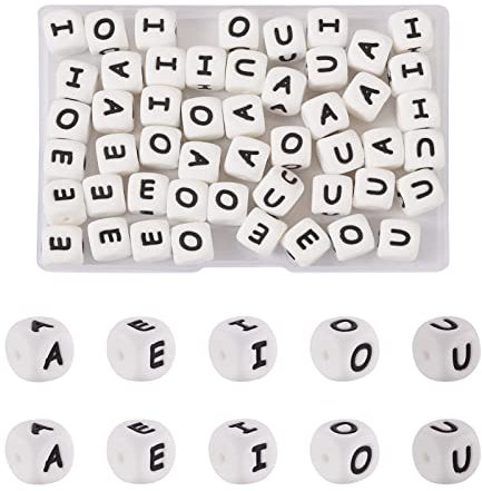 Crafans 50 perline cubiche in silicone a forma di lettera A-E-I-O-U, con lettere vocali nere, braccialetti dell'amicizia, perline distanziatrici per collane fai da te, creazione di gioielli