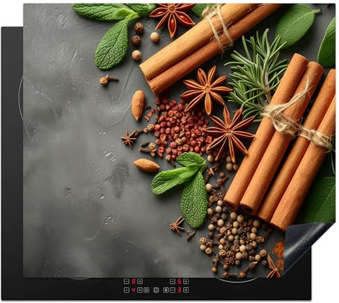 KitchenYeah© Protection Pour Plaque Induction 59x52 cm Deco Cuisine Ustensiles Protégé Cache De Cuisson Vitroceramique Cannelle - Épices - Béton - Feuilles - Cuisine