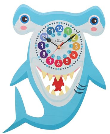 MPM Quality Kinder-Pendeluhr, Hai, Wanduhr Holz, Made in EU, Design Uhr, Kinder Holz Wanduhr, Wood Wand-Deko, Kinder Tier Motiv, 260 x 550 x 35 mm, Dekoration für Kinderzimmer, Schule, Kindergarten