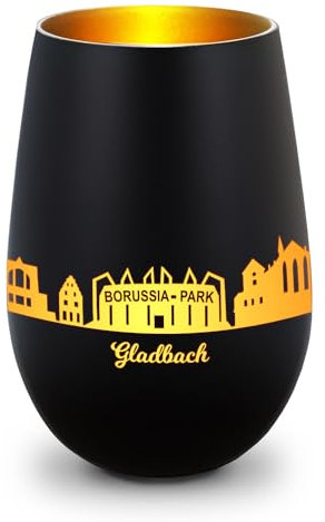 GRAVURZEILE Deko Windlicht aus Glas mit Gravur - Skyline Gladbach - Hochwertige 360° Lasergravur - Dekoratives Geschenk als Andenken, Souvenir oder für Sammler zum Geburtstag - Farbe: Schwarz/Gold
