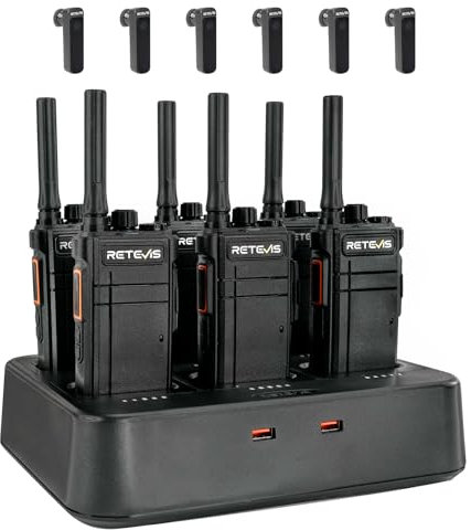 Retevis RB637 Bluetooth Walkie Talkies, HandsFree 2 Way Radios with Wireless Bluetooth Headset, 2000mAh, VOX, Two Way Radio with 6 Way Charger for Restaurant, Hotel (6Pcs, Black)