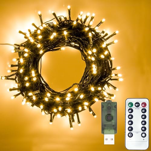 YUCHOI USB Powered Christmas String Lights, Warm White LED Fairy Lights On Dark Green Cable with Remote Control, for Indoor/Outdoor Xmas Tree Deco Party (20M-200LED)