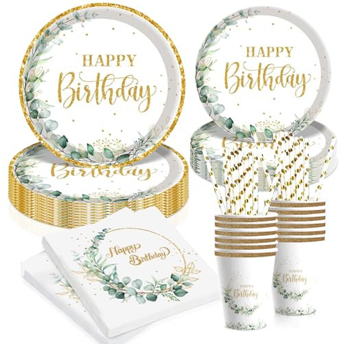 Komicea Assiette Jetable Anniversaire Vert, 100 Pcs Vaisselle Jetable Anniversaire, Assiette Anniversaire Gobelets Pailles Serviettes pour Decoration Anniversaire Baby Shower (20 invités)