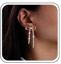 Cybche Boho Bow Rhinestone Dangle Earrings Gold cz Bow Stud Earrings Crystal Tassel Drop Earrings Long Tennis Chain Earrings Cz Sparkly Wedding Earrings Jewelry for Women