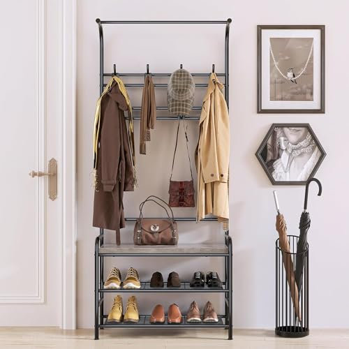 Litake Garderobenständer mit Schuhbank, 4-in-1 Kleiderständer Garderobe mit Hängestange, Garderobenständer Metall mit 3 Ablagen & 8 Doppelhaken, Kleiderständer Stabil für Flur, Eingang, Wohnzimmer
