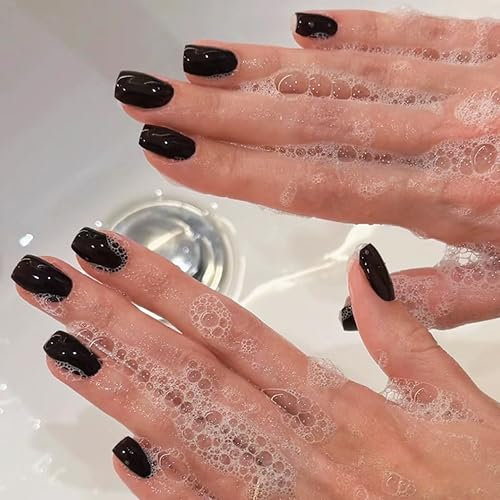 Press on Nails kurz - 24 Stück Schwarze Fake Nails Full Cover mit Nagelkleber, Square Nägel zum Aufkleben Acryl Künstliche Fingernägel für Frauen & Mädchen Nail Art Maniküre (Black, 24x)
