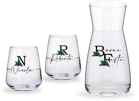 ''Christmas Name'' Set di 6 Bicchieri da Acqua con Caraffa in Vetro con Stampe Natalizie Decorazioni Natalizie Idea Regalo Natale Sposi Amici Set Drink Famiglia Cena Decorazioni Tavola Di Natale