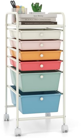 COSTWAY 6 Drawers Rolling Storage Cart, Home Office Stationary Utility Trolley with 4 Wheels, Multipurpose Mobile Organiser Shelving Unit for Makeup Beauty Salon (Colorful)