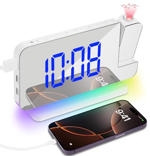 Adiwo Projection Alarm Clock, Digital Alarm Clock, LED Clock with 180° Rotating Projector, 7.4 Inch LED Mirror Clock, RGB Night Light, USB C Port, Dimmable, Volume, Snooze for Bedroom