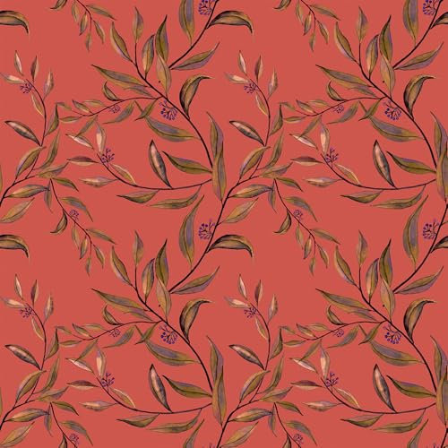 VEELIKE Vintage Vermilion Orange Leaf Wallpaper Peel and Stick Boho Leaf Contact Paper for Furniture 44.5cm x 300cm Prepasted Removable Tropical Botanical Wallpaper Mural for Bedroom Bathroom Kitchen