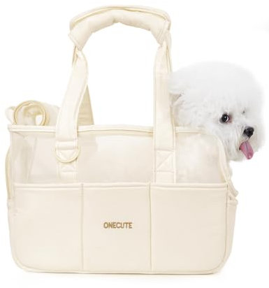 ONECUTE Hundetasche für Kleine Hunde, Katzen & Kaninchen – Klappbare Tragetasche mit Sicherheitsverschluss, Belüftungsmesh & Seitentaschen – Praktischer Reise-Carrier (Beige durchlässig,43x19x31 cm)