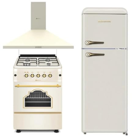 SOLTHERMIC PACK 3 EN 1 CREMA RÚSTICO COCINA GAS F5S40G2 4 JUEGOS HORNO AMPLIO + CAMPANA DECORATIVA 60 CM Y FRIGORIFICO 2P F2PR147C 1,47 x 55 gran capacidad de HASTA 220L y bajo consumo