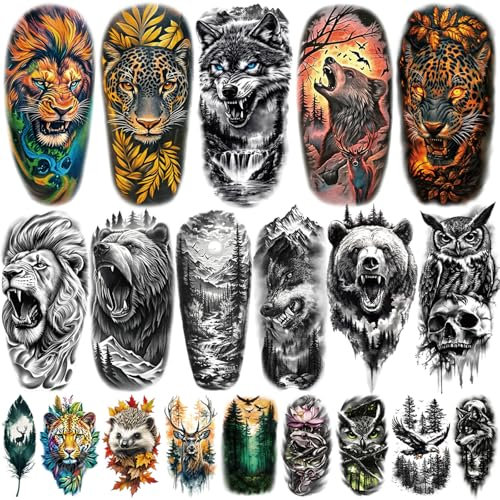 Lot de 77 feuilles de tatouages éphémères pour adultes, lion, tigre, ours, léopard, aigle, faux tatouages temporaires pour adultes, petits animaux, réalistes pour hommes, femmes, garçons et filles